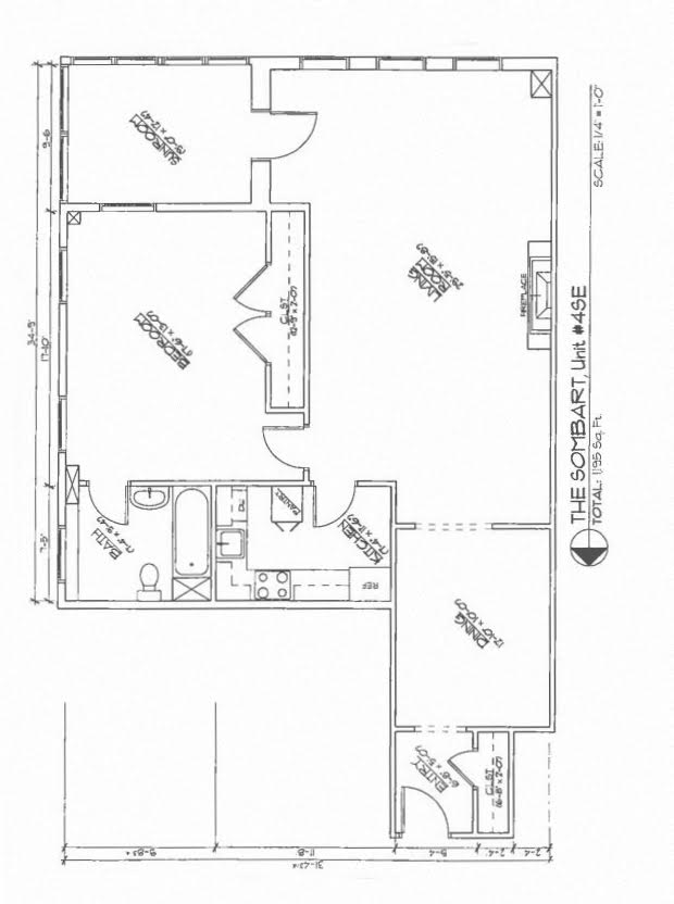 Floor plan for 1 bed, 1 bath, 1195 sqft